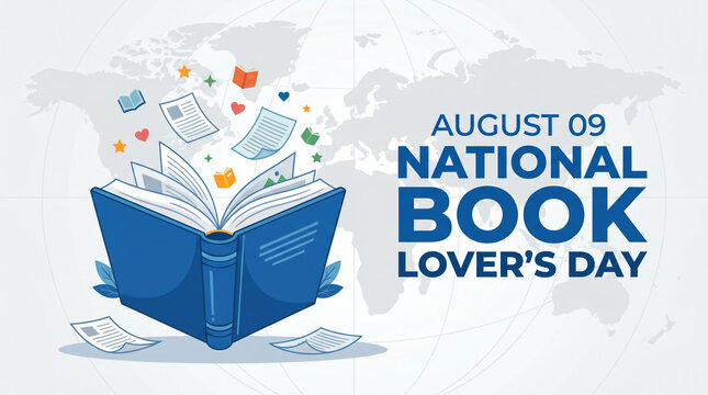 National book lovers day august ninth celebration with open book and floating