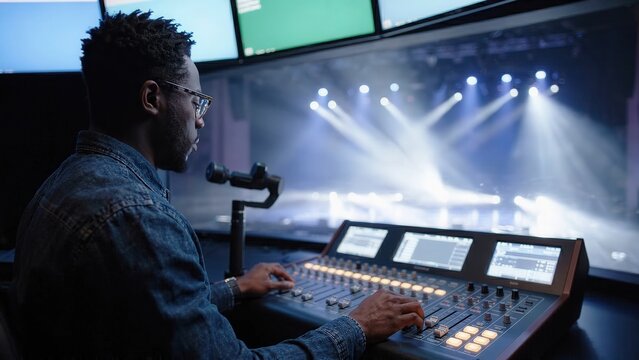 Male lighting technician adjusts stage lighting controls in a performance venue, colorful beams illuminating the stage with a modern sound and lighting console visible