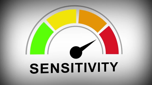 Dynamic sensitivity gauge meter animation showing fluctuating levels with smooth needle movement for data analysis, risk assessment, performance tracking, and metric