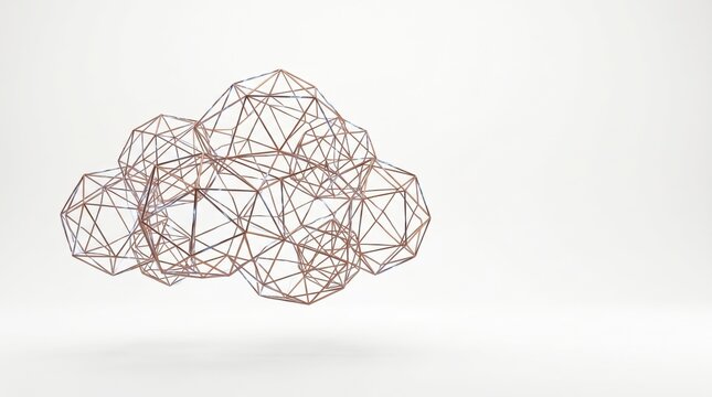 Cloud structure formed from intricate copper wire geometric spheres floats against a clean white backdrop.