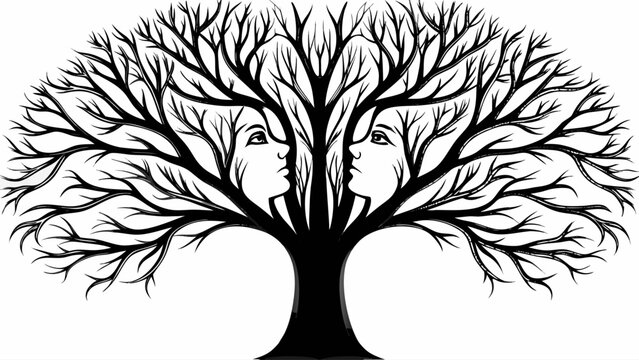 A black and white vector illustration of a tree with two human faces emerging from its trunk surrounded by bare branches on a white background