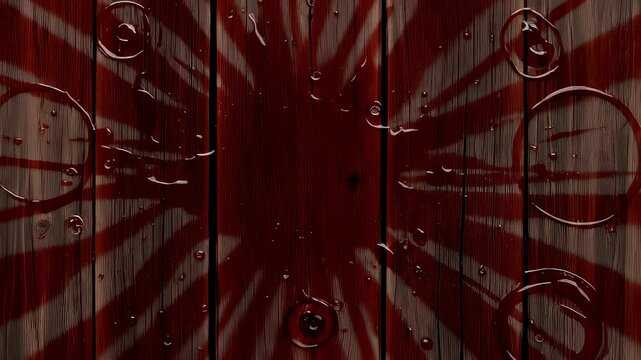 Starburst pattern on wooden background with liquid spills. Retro horror theme visual effect. Scary texture with rings and stains for dark artistic composition.