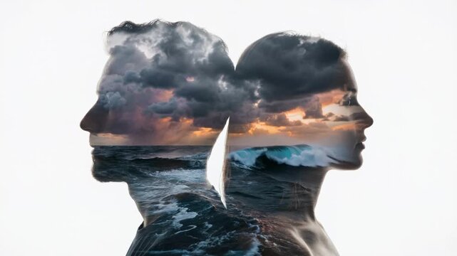 Double exposure silhouette of man and woman profiles with stormy ocean waves. Couple facing opposite directions showing relationship conflict. Psychological emotional stress concept