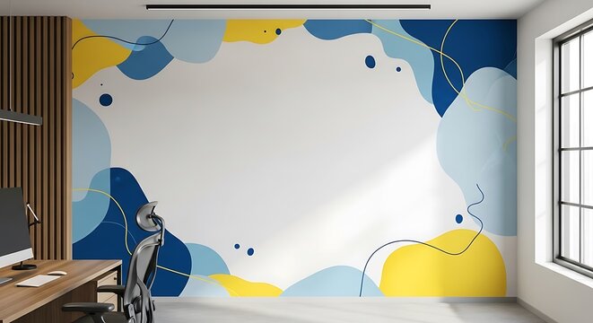 Abstract wall mural design with organic shapes in blue and yellow colors, modern interior office background with desk and chair