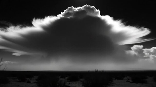 Epic cloud formation over arid landscape in black and white, dramatic weather patterns and atmospheric phenomena