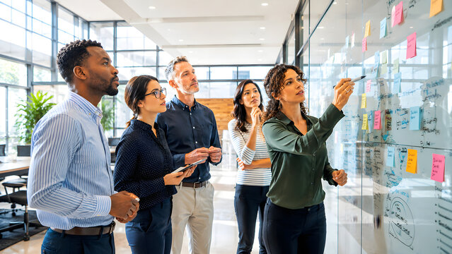 Diverse group of business professionals collaborating and brainstorming ideas on a glass wall covered in sticky notes in an office setting