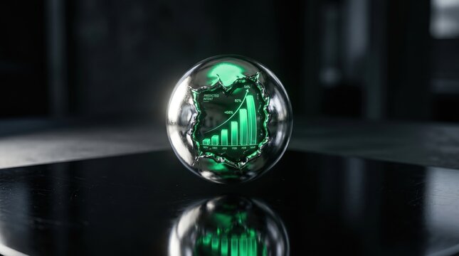 Sphere made of polished glass encapsulates a rising green bar chart that symbolizes financial success and market growth.