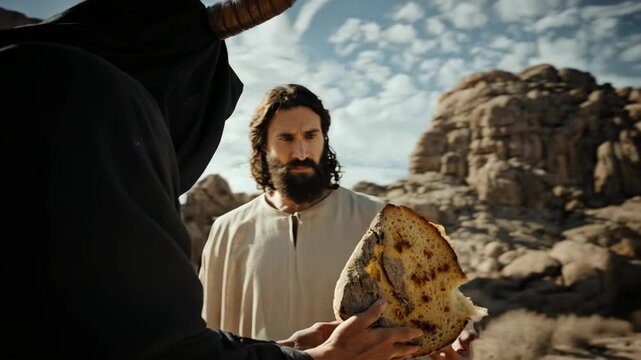 First temptation of Jesus Christ in the desert. Satan offering a stone turning into bread to Jesus in a rocky wilderness