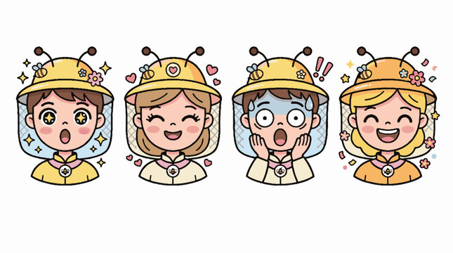 Cute cartoon kids wearing beekeeper hats with face shields showing different facial expressions and emotions.