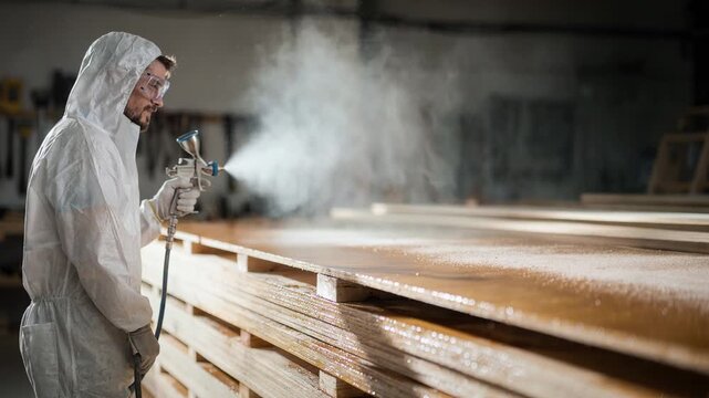 Medium shot of a specialist spraying a clear fireretardant coat on construction materials emphasizing transparency and protective layering for enhanced fire safety