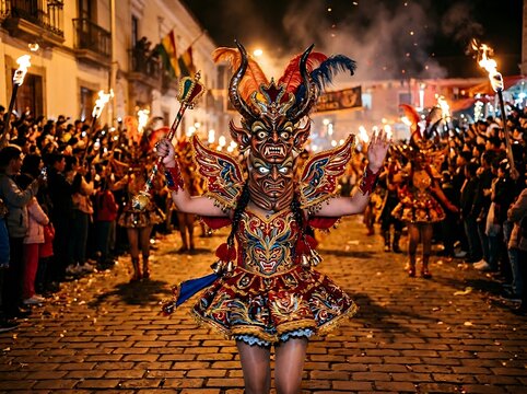 Vibrant Dancer in Ornate Mask and Costume Leading Torch Parade