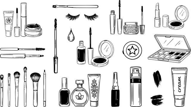Hand-drawn sketch set of beauty and cosmetic products, including makeup brushes, mascara, lipstick, and skincare items, in image_4c0720.jpg style.