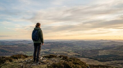 Obraz premium Man with backpack standing on mountain peak looking at rolling hills landscape at sunset with cloudy sky