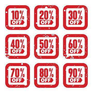 Collection of sale discount tags with percentages from 10% to 90% off, perfect for advertising promotions and special offers in retail and e-commerce