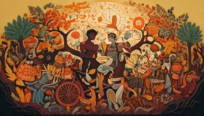 Fototapeta premium Vibrant Mural Depicting a Community Gathering in a Lush Landscape.
