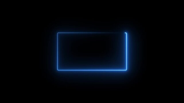 Blue glowing neon light rectangle border frame animation on black background. Futuristic light effect concept.
