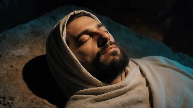 Jesus Christ resting in the stone tomb wrapped in shroud. Solemn biblical scene of burial and resurrection hope