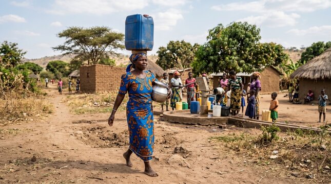 African woman carries water on her head and in a pot through a village with traditional homes and a water pump