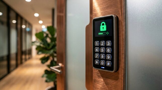 Close up macro shot of an electronic security keypad mounted on an office door shows a glowing green padlock indicating granted access status.
