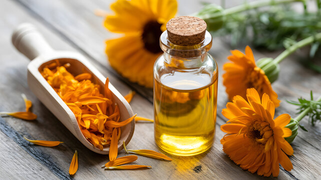 A bottle of calendula oil surrounded by flowers and petals on a wooden surface