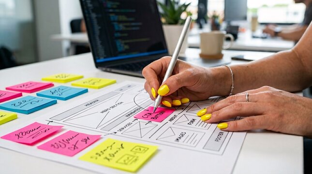 Creative designer hands holding a sleek silver stylus pen map out website wireframes using bright sticky notes on large printed paper plans.