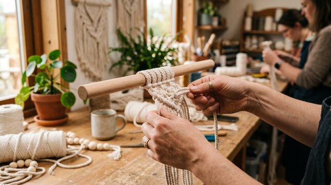 Hands crafting macrame art with natural ropes and wooden dowel in a bright workshop setting with plants