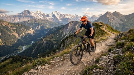 Fototapeta premium Woman mountain biking on a scenic trail with majestic snow capped mountains and a valley below during golden hour