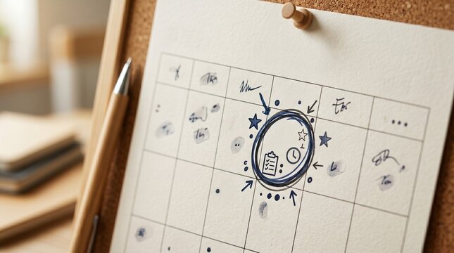 Close up of a calendar with handwritten notes and doodles highlighting important dates and tasks with a pen nearby