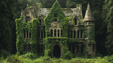Obraz premium Abandoned stone mansion overgrown with ivy. Mysterious, overgrown, decaying, ancient, gothic, ruin, forest, secluded, nature, wilderness