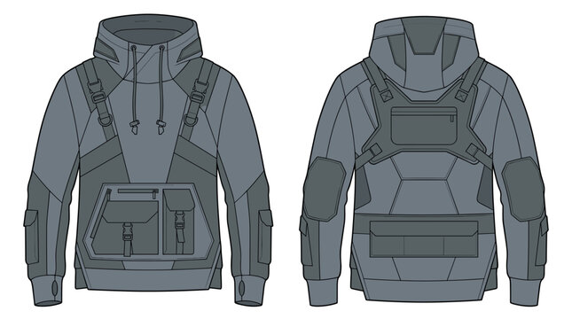 Realistic men tactical grey hoodie or techwear hoody, sweatshirt
