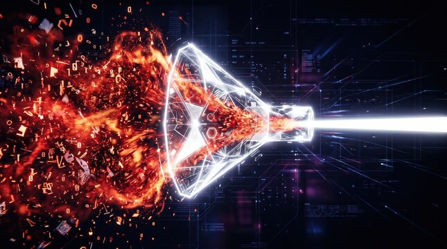 Digital funnel captures swirling fiery debris and floating alphanumeric characters to refine them into a sharp laser of pure white energy.