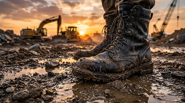 Extremely rugged heavily worn black leather tactical combat boots caked in thick mud stand on a messy construction site near big puddles.