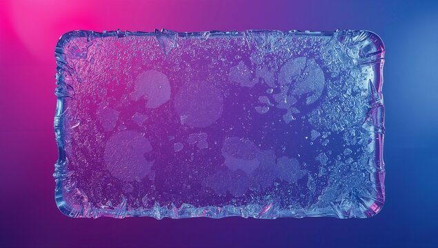Abstract Rectangular Ice Block with Frozen Crystals and Cracked Edges on Neon Pink and Blue Background