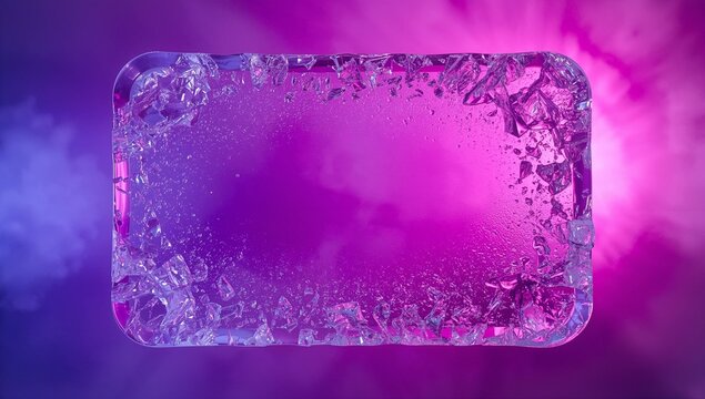 Abstract Ice Block Border with Crushed Crystal Shards on Glowing Neon Pink and Magenta Smoke Background