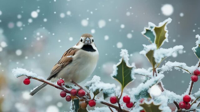 A bird perches on a branch with red berries while snow falls during winter