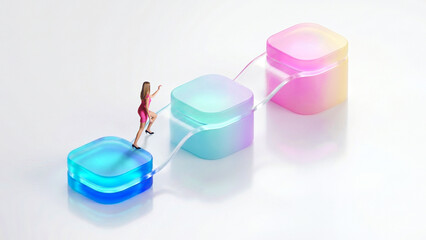 Fototapeta premium Miniature businesswoman walking across translucent 3d platforms with digital connection line. Concept of SaaS onboarding, fintech journey, workflow design and automation.