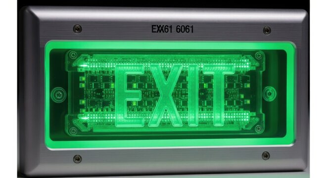 Green exit sign, emergency light, illuminated exit button, safety indicator