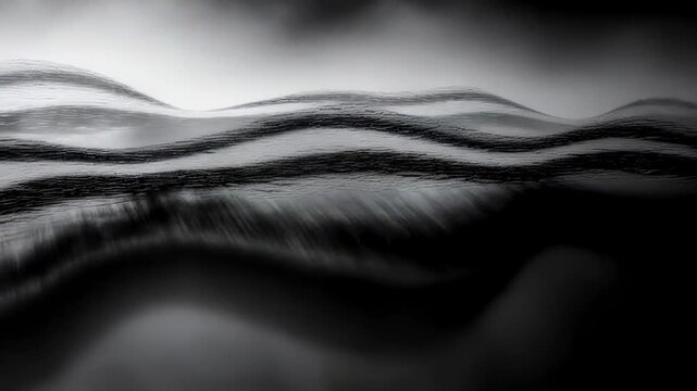 Abstract wavy motion in grayscale with dark shadows and light highlights. Retro horror background effect showing fluid flow texture for cinematic creepy mood.