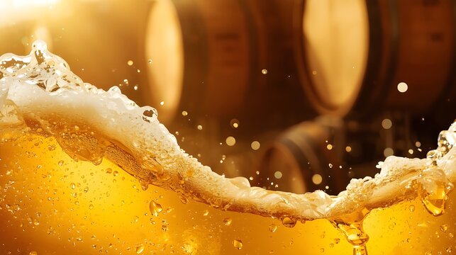 Macro shot of splashing beer with foam and droplets against a background of wooden wine barrels
