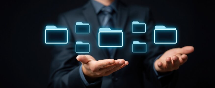 Information hub and file retrieval. Corporate knowledge system and digital archive. Professional interacting with folder symbols.
