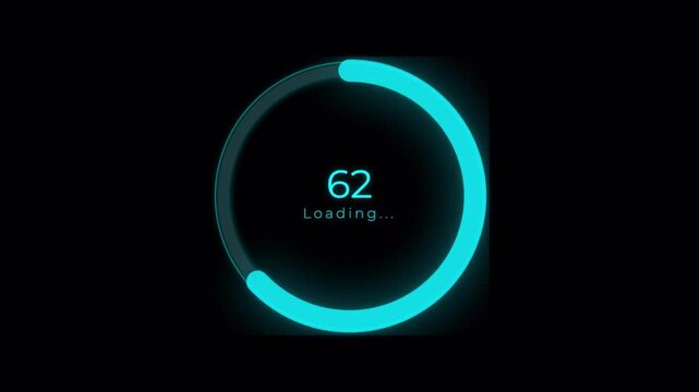 Sci-fi loading screen interface with digital glitch effects and circular progress, technical data display 4k video