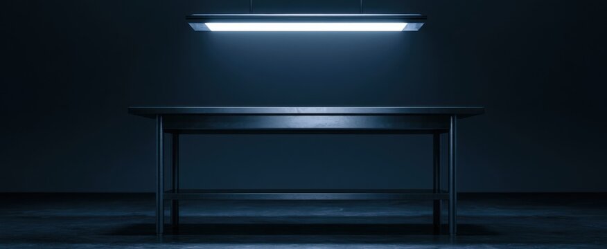 Vacant Aluminum Dissection Table Highlighted by Overhead Light
