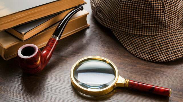 A detective's desk with a magnifying glass, pipe, and books beside a deerstalker hat