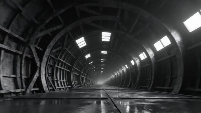 Spooky atmospheric low angle view of an arch tunnel with bright rectangular windows in black and white