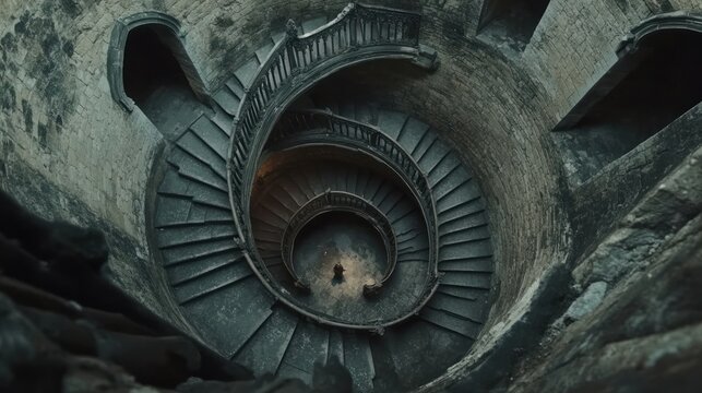 Spiral staircase in ancient ruin.  A captivating, descending view of a winding spiral staircase, deeply embedded within a crumbling stone structure.  Dim, mysterious light illuminates the descent