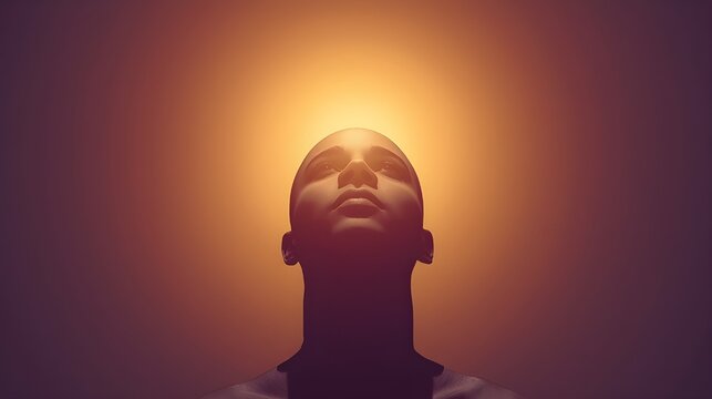 Surreal 3D rendering of a human head silhouette looking up into a glowing cosmic light, representing innovation and vision