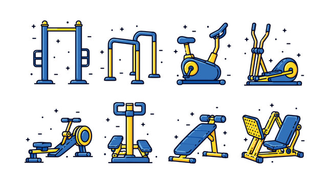 Collection of colorful flat design exercise machines for a healthy lifestyle