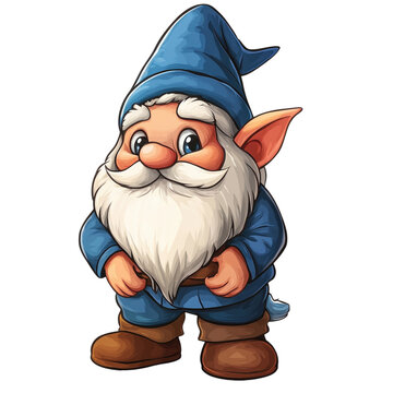 Cute cartoon gnome character in blue hat and coat, fantasy dwarf illustration style, whimsical fairytale mascot design isolated on Transparent Background