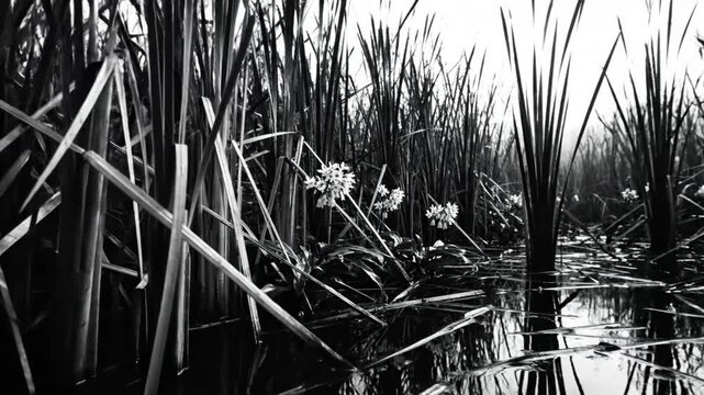 Black and white view of delicate white flowers surrounded by long stalks in a tranquil marshland