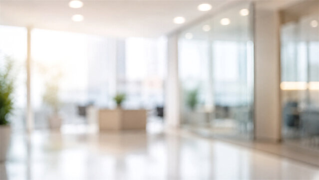defocused view of modern corporate office lobby. Bright business center interior interior with glass partitions and natural lighting. Background for professional workspace presentation